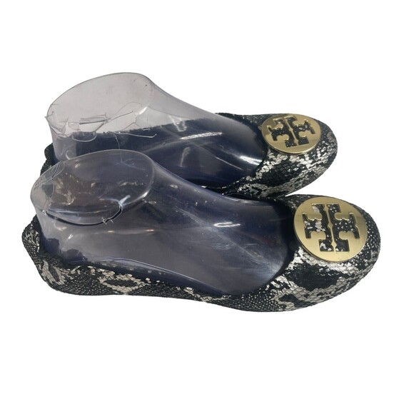 Tory Burch Women's Black Silver Leather Snakeskin Casual Slip On Ballet Flats 9 - Picture 1 of 5